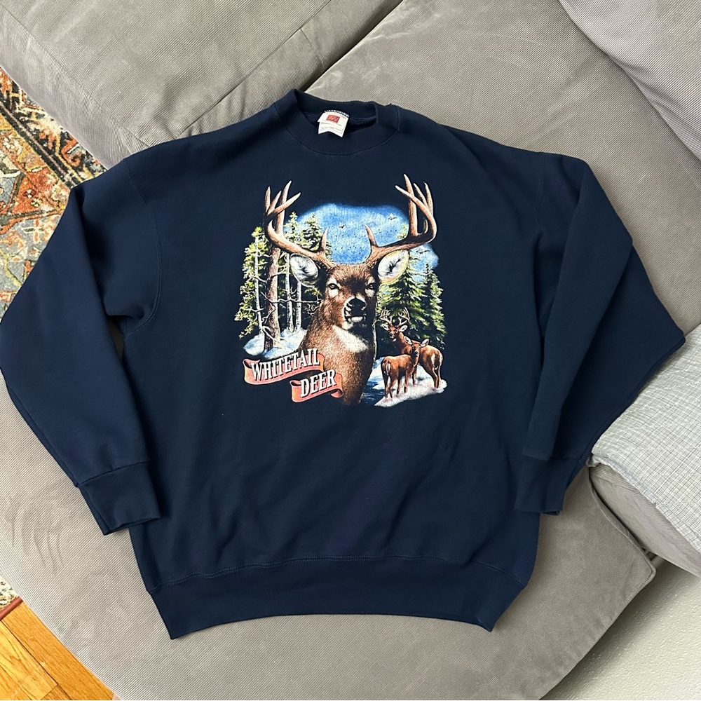 Vintage Blue WHITETAIL DEER Forest Nature Print Pullover Sweatshirt Mens XXL